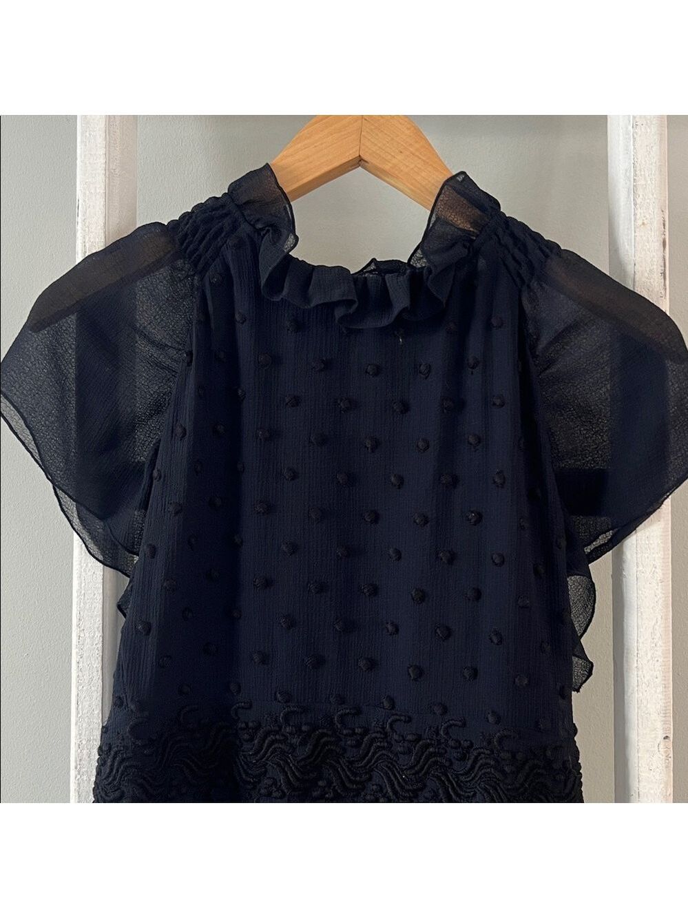 See by Chloe High ruffle neck black chiffon polka dot flutter sleeve dress 2 - Picture 4 of 15